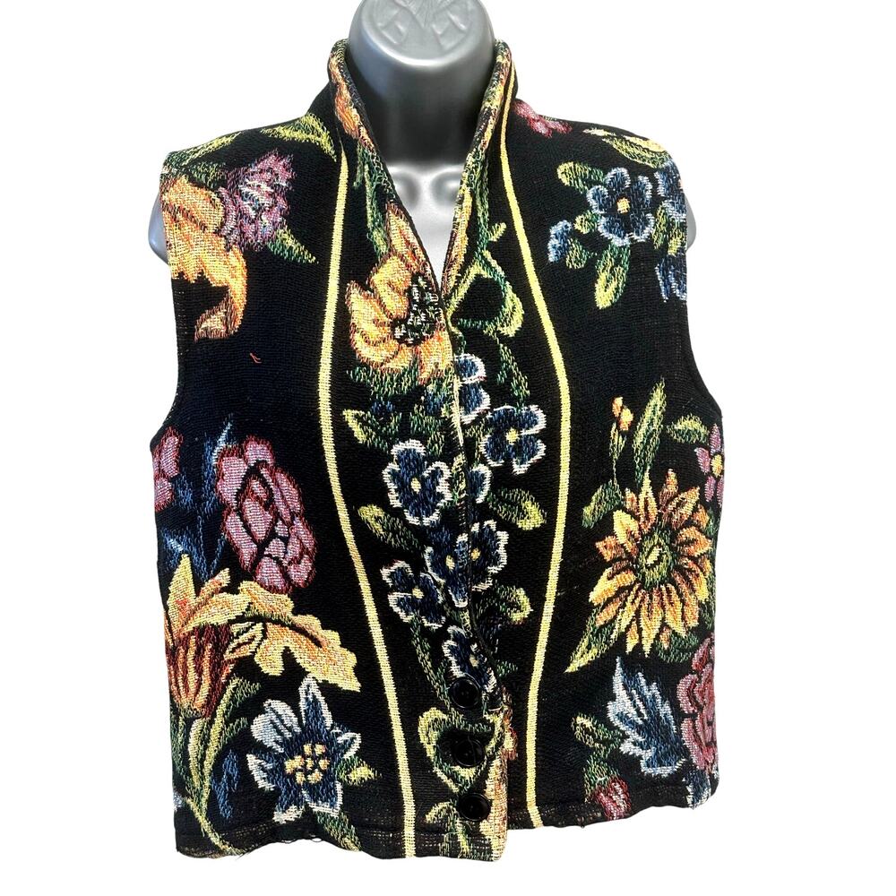 Oxford Vintage Dark Vibrant Floral Design Shawl Collar Tapestry Vest-Small